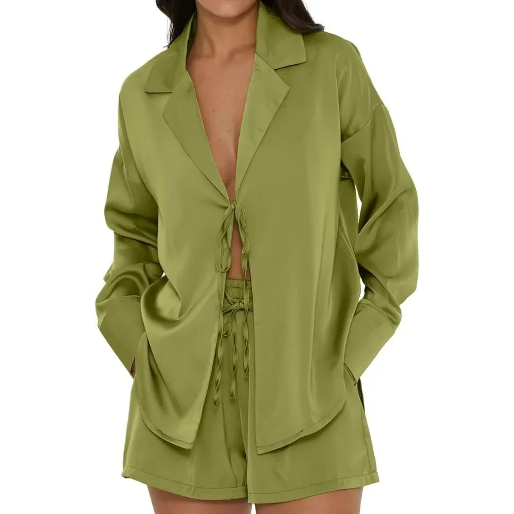 Light Olive Green Satin Tie Front Blouse & Shorts Set XL